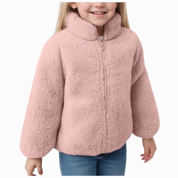 WUANDIXFA Girls Winter Coat Fashion Girls Long Sleeve Hoodless Jacket Comfortable Fleece Lined Warm Zippered,Pink,12-18 Months