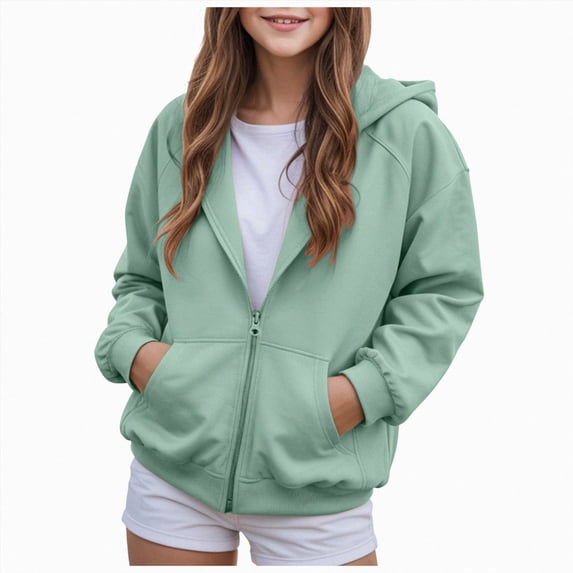 WUANDIXFA Girls Zip Up Hoodie 1-14 Years Kids Fashion Oversized Sweatshirt Jacket with Pockets,Green,13-14 Years