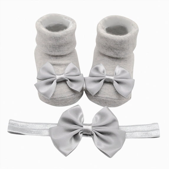 WUANDIXFA Grip Socks for Toddlers Cute Soft Newborn Baby Kids Socks Soft Bottom Toddler Shoes Socks Bowkot Princess Socks Floor Socks Bow Hairband,Grey,0-6 Months