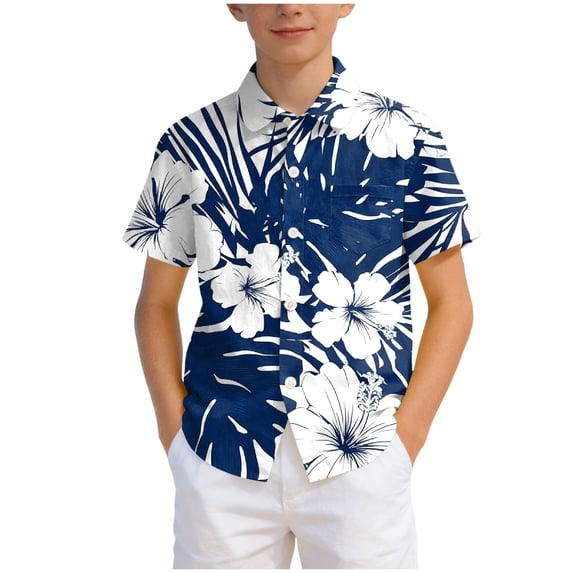 WUANDIXFA Hawaiian Shirts for Boys, Button Down Short Sleeve Tropical Print, Kids Summer Beachwear Tops 7-14 Years (Blue, 11-12 Years)