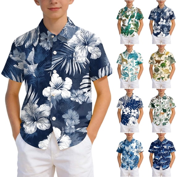 WUANDIXFA Hawaiian Shirts for Boys, Button Down Short Sleeve Tropical Print, Kids Summer Beachwear Tops 7-14 Years (Navy, 4-5 Years)