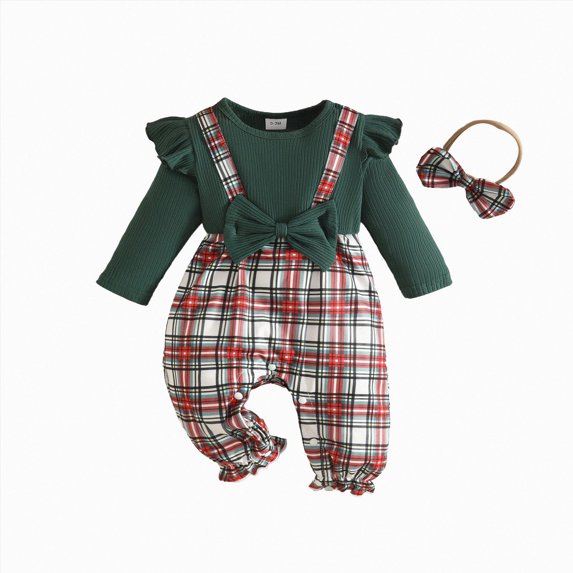 WUANDIXFA Infant Christmas Outfit Girl 3 6 12 18 Months Baby Girls Comfortable Breathable Cute Plaid Print Long Sleeve Bodysuit,Green,3-6 Months
