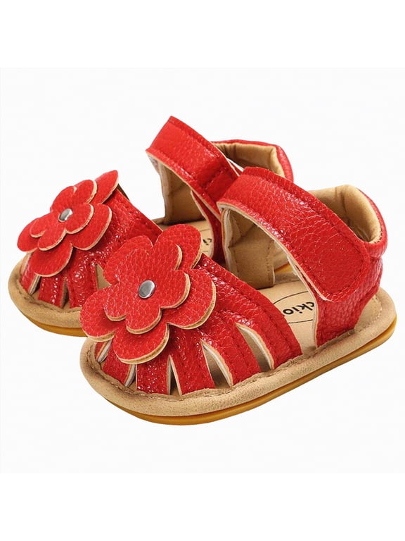 Infant Girl Shoes Baby Girl Sandals Infant Shoes Flower Non-Slip Toddler Flat Bottom Non Slip Closed-Toe Soft Rubber Sole Sandals Red,Size US 4