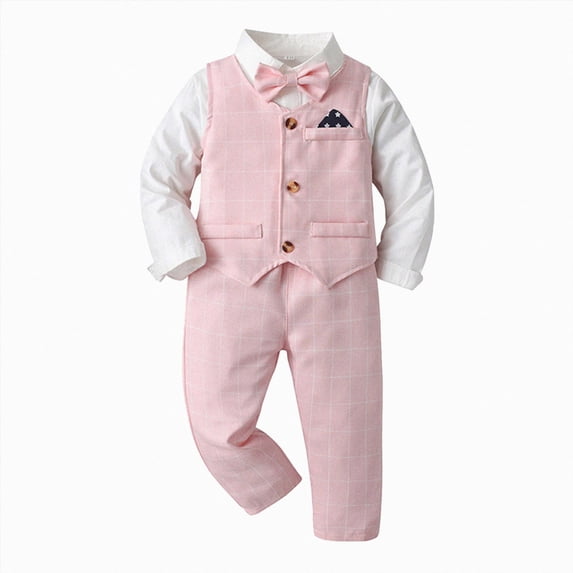WUANDIXFA Infant Wedding Outfit Boy Toddler Boys 4pcs Gentleman Outfits 1T 2T 3T 4T 5T 6T Long Sleeve Plaid Shirt Tops Pants Vest Coat with Tie Child Kids,Pink,5-6 Years
