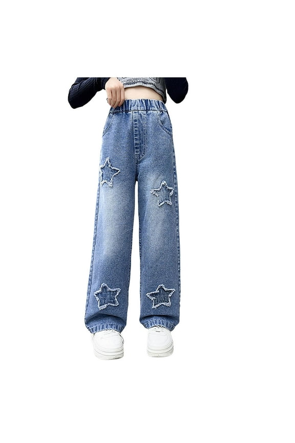 Junior Jeans Bootcut Kids Girls Ripped Washed Baggy Wide Leg Casual Jeans Junior Jeans for Teen Girls Blue,6-7 Years