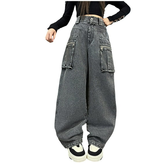 WUANDIXFA Junior Jeans for Teen Girls Teen Girls Waist Cool Ripped Jeans Washed Denim Wide Leg Ripped Denim Jean Baggy Jeans for Girls Gray,5-6 Years