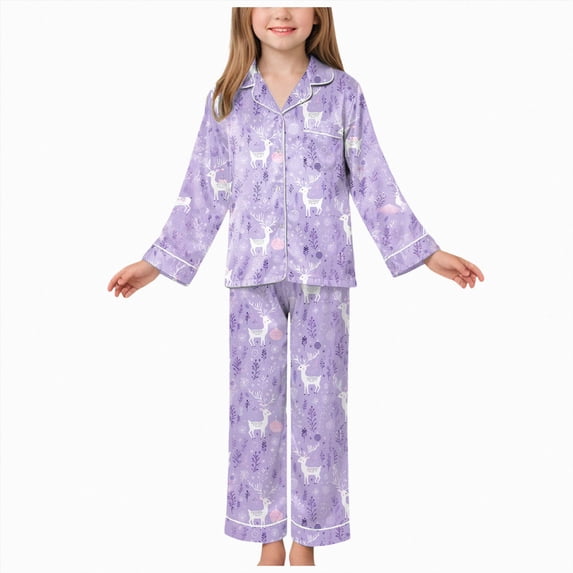 WUANDIXFA Kid Christmas Pajamas 2 Piece Girls Silk Pajamas Set Soft Satin Sleepwear for Comfortable Nights,Purple,11-12 Years