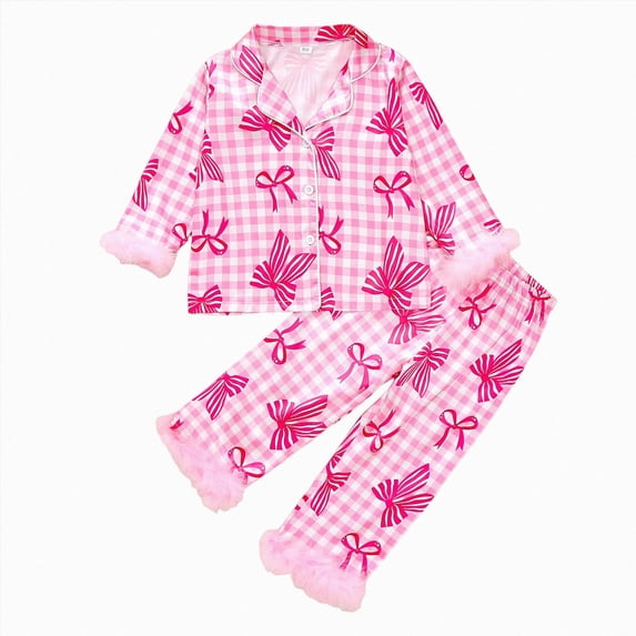 WUANDIXFA Kid Christmas PajamasGirls Satin Button Down Long Sleeve Pajama Set 2 Piece,Hot Pink,4-5 Years