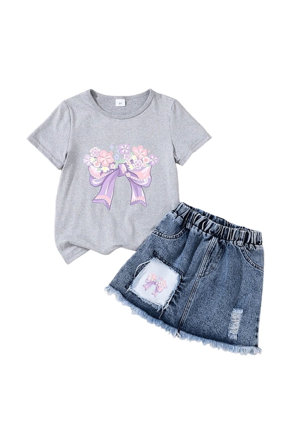 Kid Girls Clothes Outfits Cute Sweet Bowknot Print Denim Short Summer Clothing Set (Grey1, 3-4 Years)