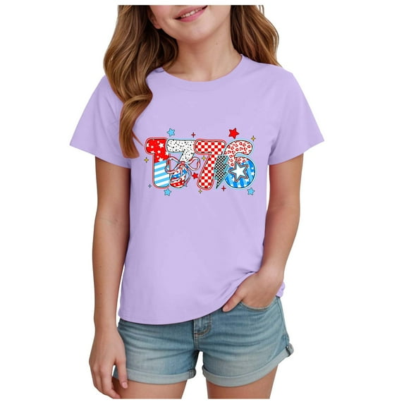 WUANDIXFA Kid Shirts Usa 250th Anniversary Shirt Patriotic T Shirts for Kids Girls July 4th Tops 7-8 Years,Purple