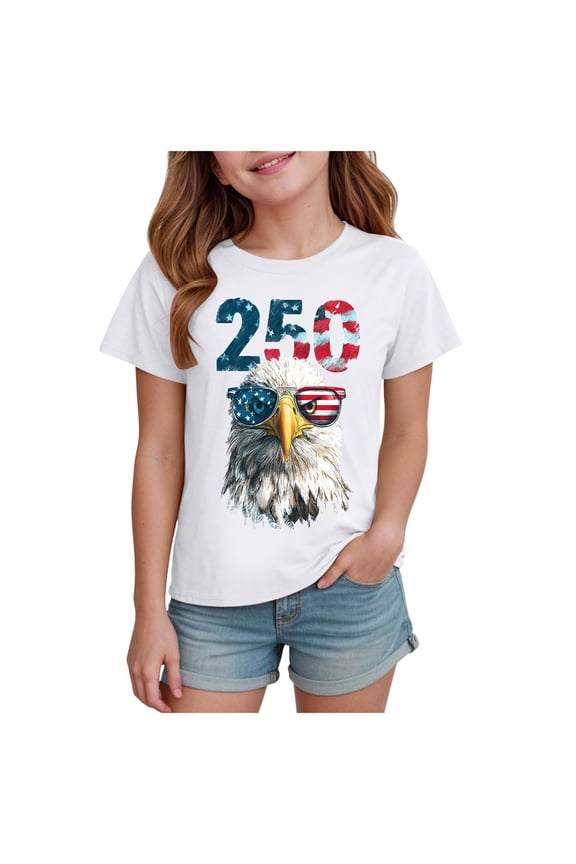 Kids' 250Th Anniversary Shirts United States 250 Years Short Sleeve T Shirts Patriotic Crew Neck Tee Shirt (White, 11-12 Years)