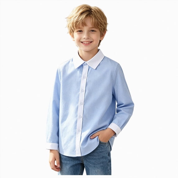 WUANDIXFA Kids Button Down Shirt 2-18 Years Girls White Blouse Ruffle Long Sleeve Button Down Shirts Princess Cotton Loose Soft Tops,Sky Blue,7-8 Years