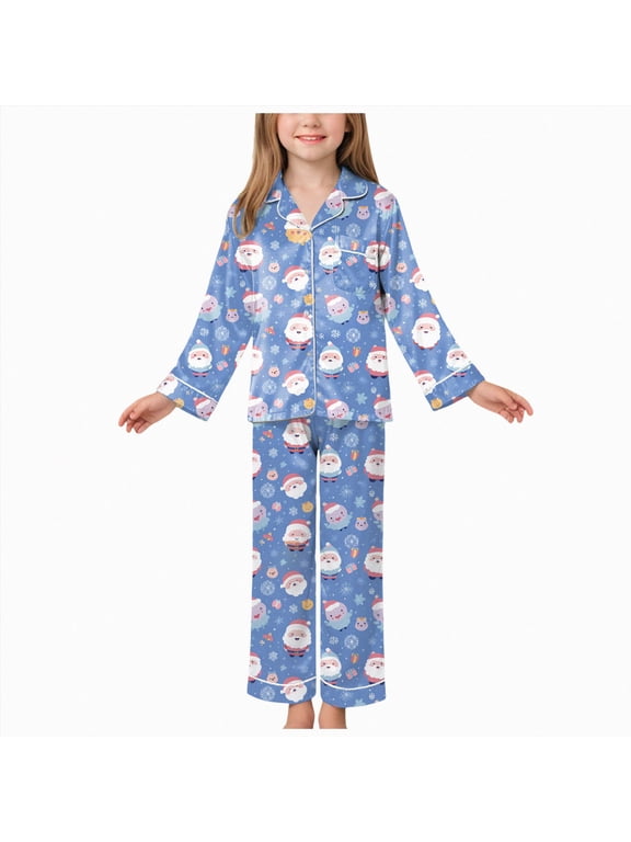 Kids Christmas Pajamas 2 Piece Girls Silk Pajamas Set Soft Satin Sleepwear for Comfortable Nights,Blue,3-4 Years
