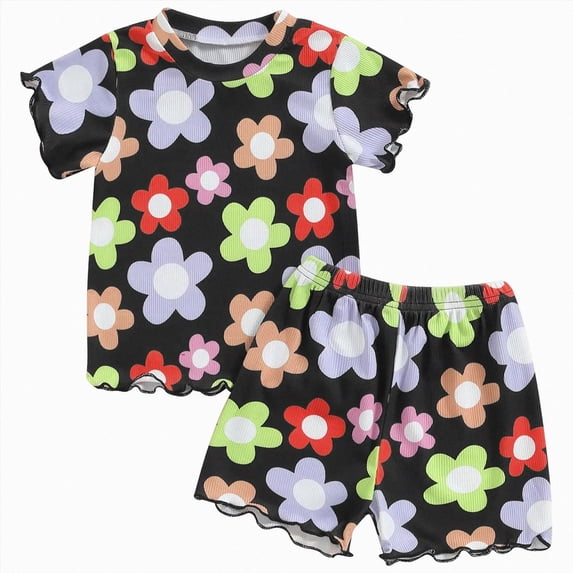 WUANDIXFA Kids Cotton Pajamas Girls Pajamas Sets Two Pieces Short Sleeve Sleep Shirt Top Pant Toddler Pjs for kids' daily,Black,18-24 Months