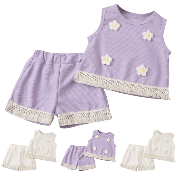 WUANDIXFA Kids Girl Clothes Sleeveless Tassel Flower Top and Shorts Cute Girl Summer Outfits Set Size 4-7 Years (Purple, 2-3 Years)