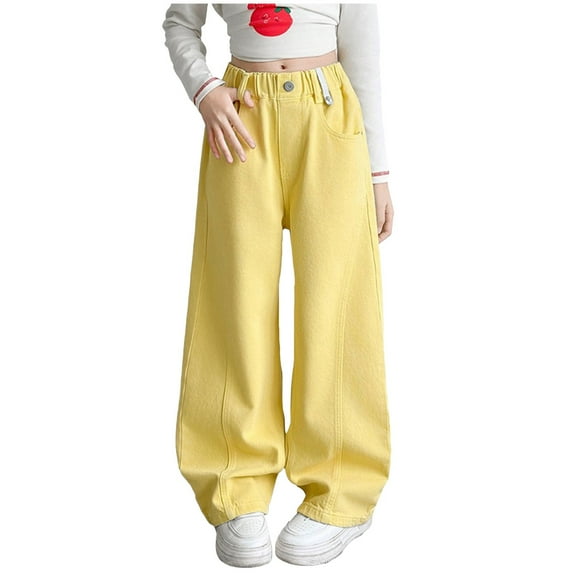 WUANDIXFA Kids Girls Baggy Jeans Casual Girl's Bowknot Print Washed Jean High Waist Denim Pants Straight Leg Trousers with Pockets Back to School Clothes Yellow,7-8 Years