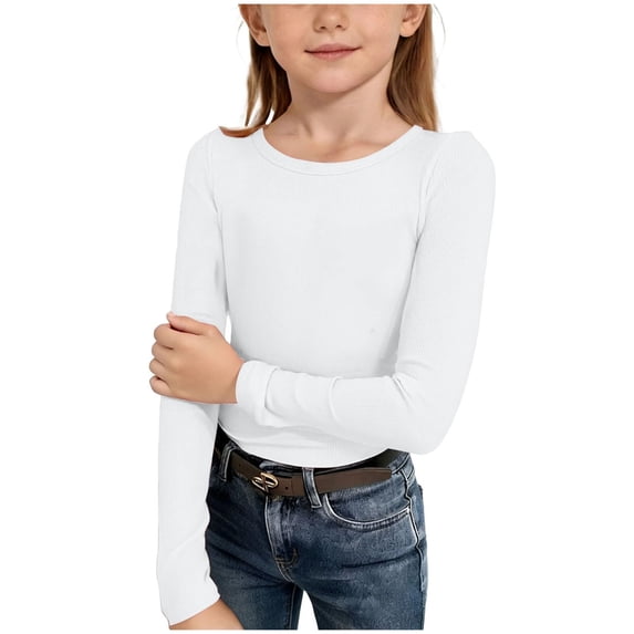 WUANDIXFA Kids Girls Long Sleeve Shirts Crewneck Ruched Side Slim Fit Tops Ribbed Knit Casual Tee Shirt 5-14 Years (White, 9-10 Years)