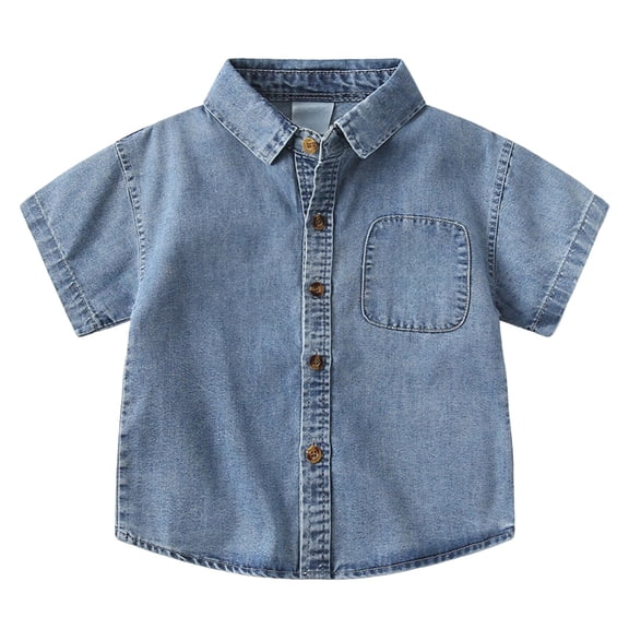 WUANDIXFA Kids Toddler Baby Boy Button Down Shirt Short Sleeve Denim Lapel Neck T-Shirt Tops Casual Tee Blouse Summer Clothes (Blue,5-6 Years)