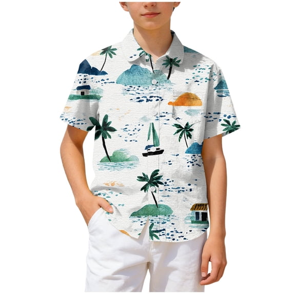 WUANDIXFA Kids Vibrant Hawaiian Shirt Beach Party Style Boy's Girl's Fun Print (Light Green, 9-10 Years)