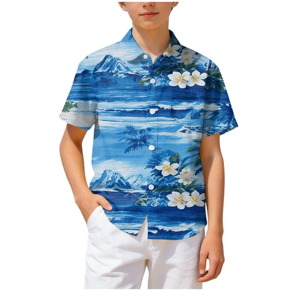 WUANDIXFA Little Big Boys Hawaiian Shirts Button Down Short Sleeve Tops Hawaiian Shirt for Kids 3-14T (Dark Blue, 5-6 Years)