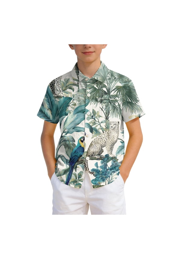 Little & Big Boys Hawaiian Shirts Short Sleeve Summer Beach Tropical Casual Aloha Luau Shirts Top for Kids (Light Green, 7-8 Years)