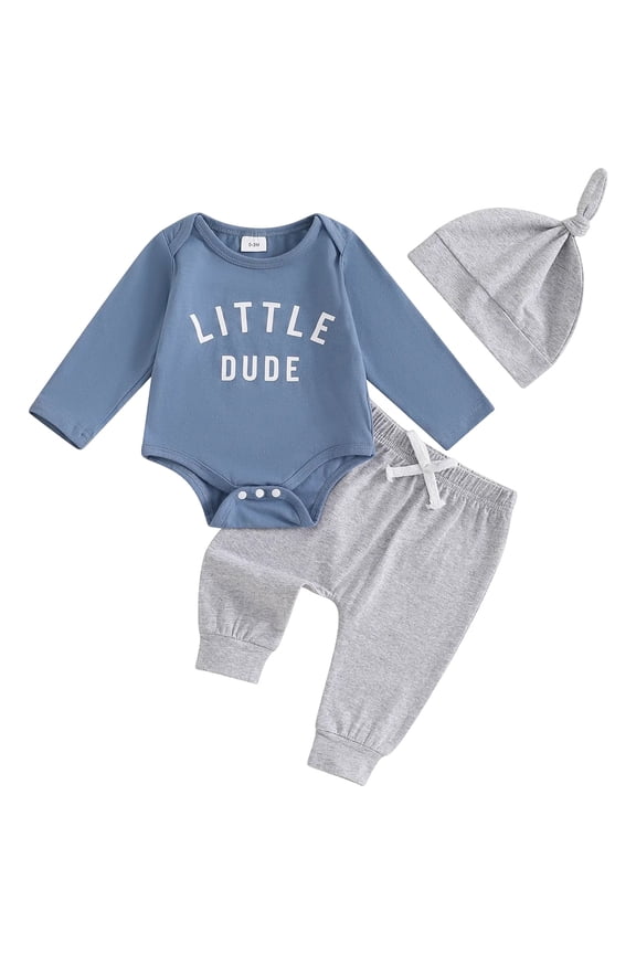 Little Dude Baby Boy Outfit Coming Home Clothes Long Sleeve Romper Bodysuit Shirt Top And Pants Set (Blue, 0-3 Months)