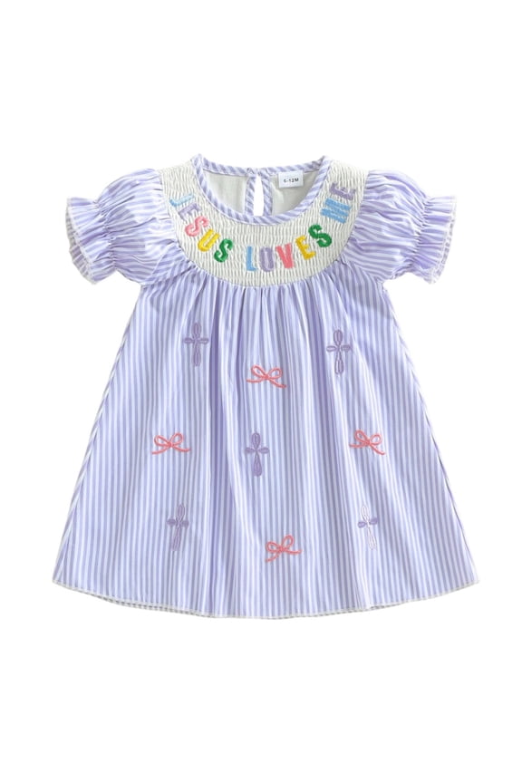 Little Girl Christian Outfit Jesus Loves Me Dress Puff Sleeves Embroidered Smocked Dresses Baptism Outfit Princess (Light Purple, 3-4 Years)