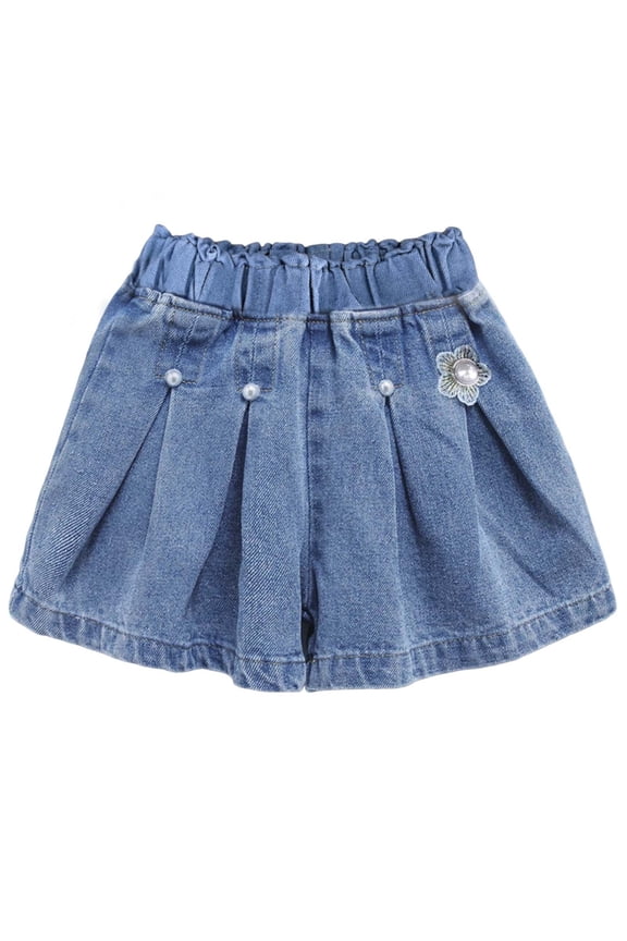 Little Girl's Denim Skirts Ruffle Kid Flower Flared Pleated Mini Jeans Skort with Shorts Underneath Toddler Cute Summer Skirt (Light Blue, 8-9 Years)