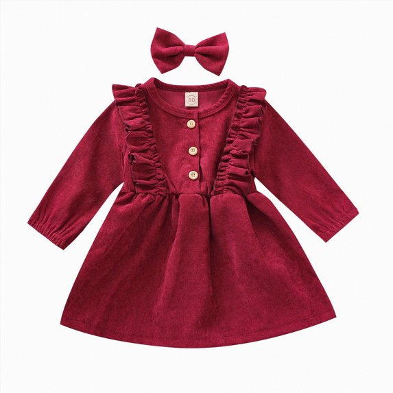 WUANDIXFA Long Sleeve Girls Dress Fashion Cute Children Toddler Baby Girl Corduroy Ruffle Long Sleeve Dress Party Dress Autumn Winter Dress with Headband,RD2,6-12 Months
