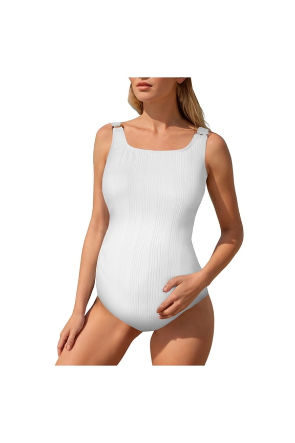 Maternity Bathing Suit Maternity One Piece Swimsuit Ruffle Bathing Suit Scoop Neck Pregnancy Swimwear White,M
