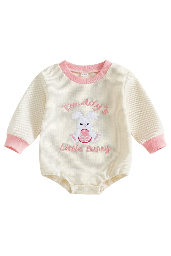 My First Easter Baby Boy Girl Outfit Long Sleeve Bunny Letter Embroidery Sweatshirt Romper Jumpsuit (Beige, 3-6 Months)