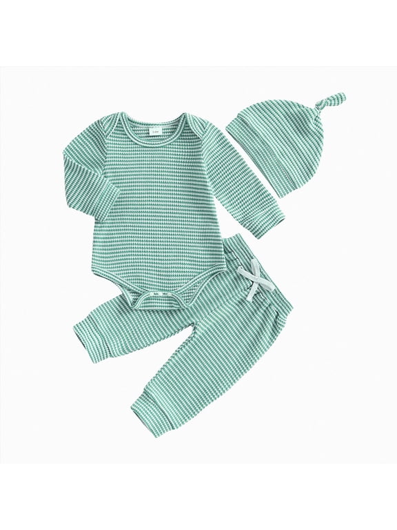 New Born Clothes Baby Boy 3 6 12 18 24 Months Baby Boys Fall Winter Clothes Bodysuit Set Simple Romper Pants Set Casual Hat 3PCS Sets,Green,0-3 Months