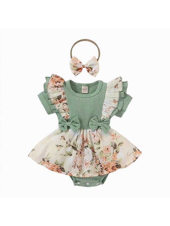 New Born Clothes Baby Girl Newborn Baby Girl Summer Romper Dress Infant Fly Sleeve Flower Embroidery Tulle Skirt Light Green,0-3 Months