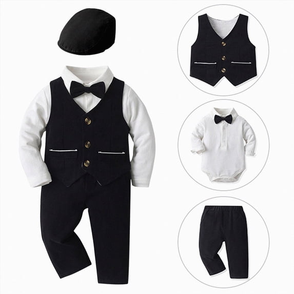 WUANDIXFA Newborn Baby Boy Clothes Suit 6 12 18 24 Months 2T 3T Tuxedo Baptism Outfit Christening Top+Suspenders Pants+Vest+Hat,Black,6-12 Months