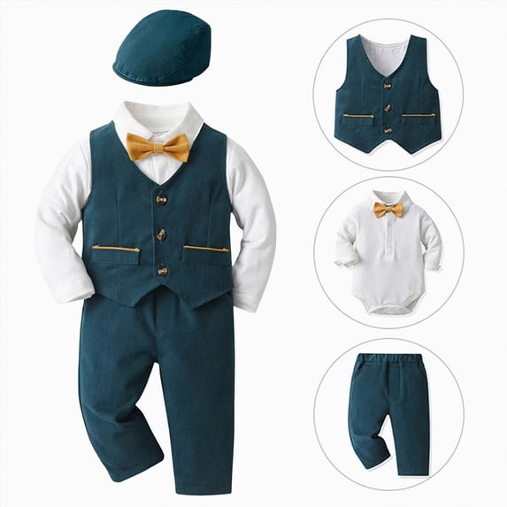 WUANDIXFA Newborn Baby Boy Clothes Suit 6 12 18 24 Months 2T 3T Tuxedo Baptism Outfit Christening Top+Suspenders Pants+Vest+Hat,Navy,12-18 Months