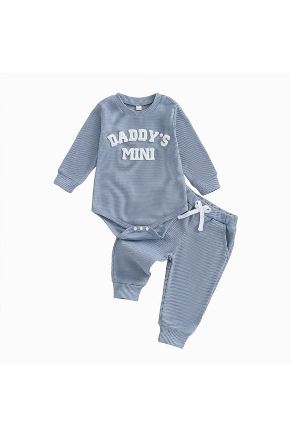 Newborn Baby Boy Fall Winter Clothes 3 6 12 18 Months Embroidery Waffle Knit Romper Pants Sets,Blue,3-6 Months