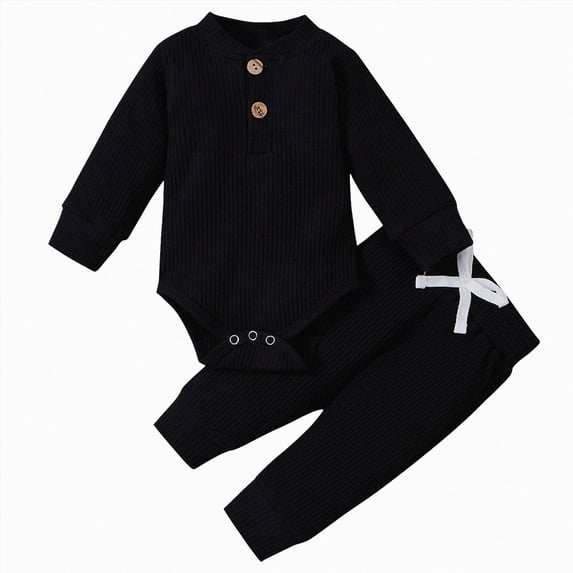 WUANDIXFA Newborn Baby Boy Girl Clothes 3 6 12 18 24 Months Ribbed Knitted Cotton Long Sleeve Romper Pants Solid Color Fall Winter Outfits,Black,0-3 Months