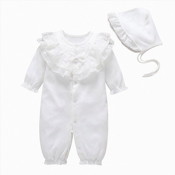 WUANDIXFA Newborn Baby Girl Clothes 0 3 6 9 12 Months Long Sleeve Romper Infant Fall Winter Outfits Hat Jumpsuit Preemie Girl Clothes,White,6-9 Months