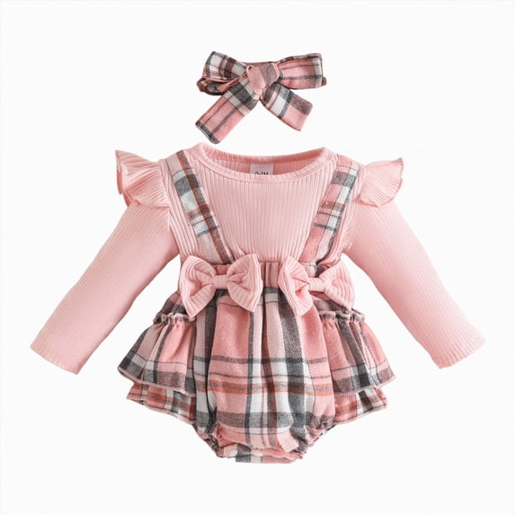 WUANDIXFA Newborn Baby Girl Cotton Print Long Sleeve Romper Jumpsuit 6 9 12 18 24 Months Preemie Outfit with Headband,Pink,0-3 Months