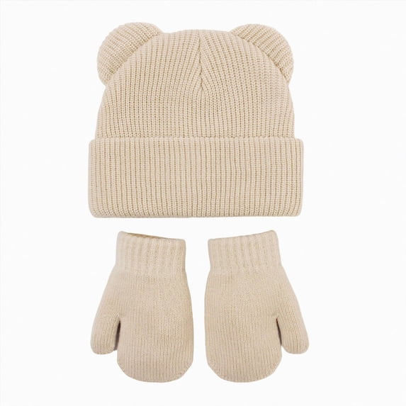 WUANDIXFA Newborn Boy Hats Fashion Warm Baby Cute Hat and Mitten Set Knit Wool Earmuffs Hat Gloves Set Winter,Beige,0-6 Months