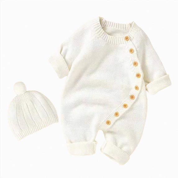 WUANDIXFA Newborn Fall Outfit Cute Romper Knit Romper with Hat Side Button Long Sleeve Baby Sweater Jumpsuit Preemie Outfit,White,0-3 Months