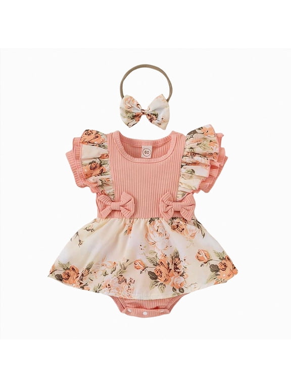 Newborn Girl Summer Outfits 3 6 9 12 18 Months Baby Girl Clothes Cotton Bubble Romper Floral Bodysuits Infant Outfit Set,Pink,6-9 Months