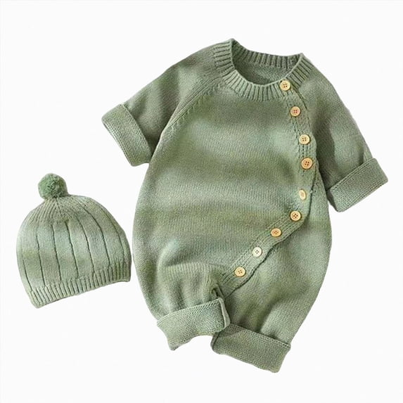 WUANDIXFA Newborn Going Home Outfit Girl Cute Romper Knit Romper with Hat Side Button Long Sleeve Baby Sweater Jumpsuit Preemie Outfit,Green,3-6 Months
