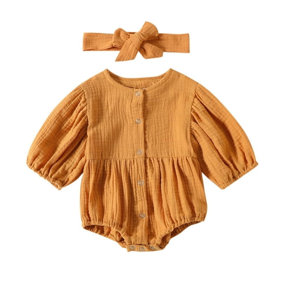 WUANDIXFA Outfits Baby Girl Baby Girl Summer Clothes Ribbed Short Sleeve Romper Bodysuits Bow Headband Outfit Girl Jumpsuit Yellow,3-6 Months