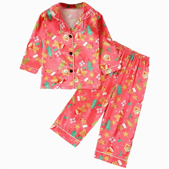 WUANDIXFA Pajamas Set for Kid Baby Boy Girl Long Sleeve Button Down Silk Sleepwear Loungewear Set Gifts Pajama Set for Kid Baby Boy Girl,Watermelon Red,2-3 Years