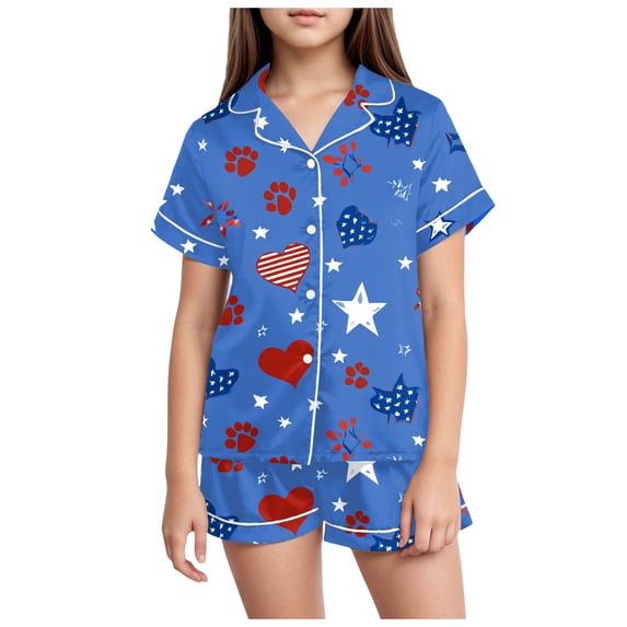 WUANDIXFA Pajamas for Girls Little Boy Girl 4th Of July Pajamas Sets for Toddler Sleepwear Summer 2 Piece Kids Pjs 10-11 Years,Blue