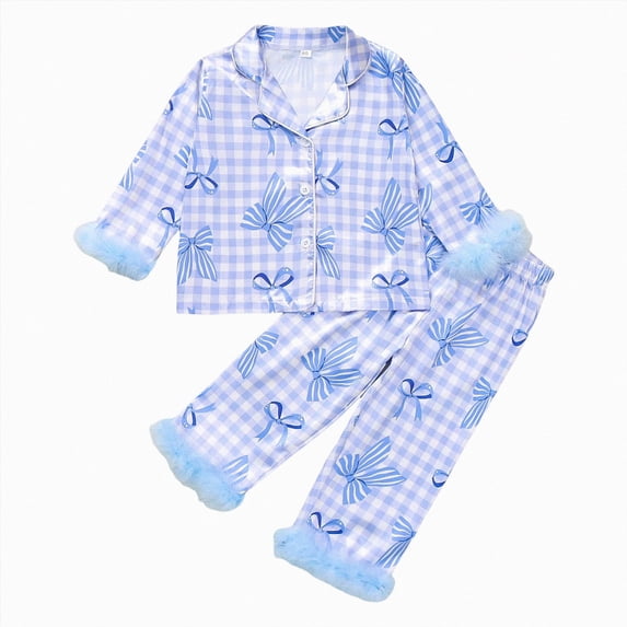 WUANDIXFA Pajamas for Kids GirlsGirls Satin Button Down Long Sleeve Pajama Set 2 Piece Set,Light Blue,5-6 Years