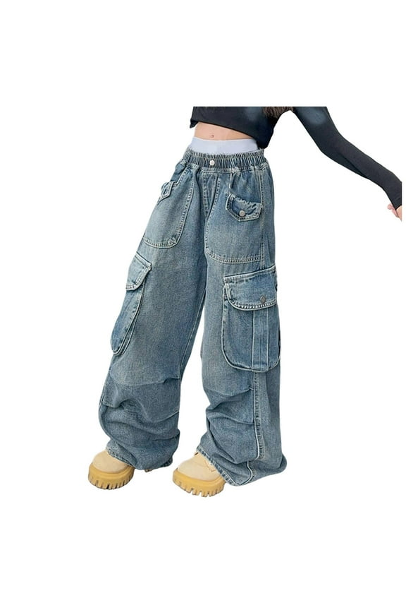 Pants for Teen Girls Casual High Waist Wide Leg Denim Pants Jeans Junior Jeans for Teen Girls Blue,7-9 Years