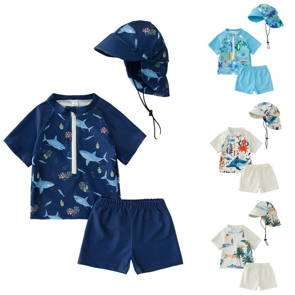 WUANDIXFA Period Swimwear For Toddlers Swimwear Set Toddler Boys Toddler Baby Boys 3 Piece Swimsuit Set Short Sleeve Bathing Suit Baby Rash Guard Swimwear with Sun Hat White,12-18 Months