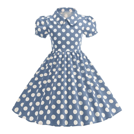WUANDIXFA Polka Dot Girls' Dress Short Sleeve Peter Pan Collar Vintage Style Summer Dress, Ages 4-10 (Light Blue, 9-10 Years)